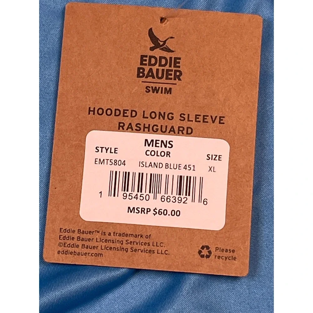 Eddie Bauer Swim Mens XL Island Blue Hooded Long Sleeve UPF 40‎ Rash Guard